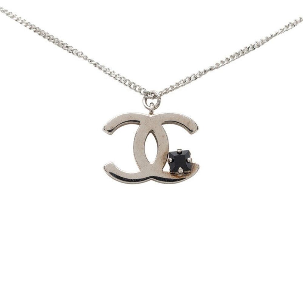 Chanel CC Logo Pendant Necklace 05P Silver-tone Metal Black